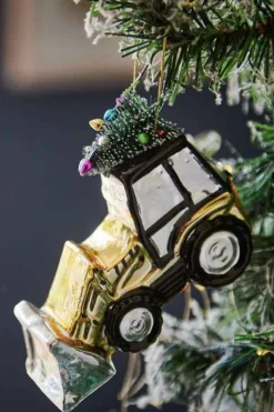 Kerstbal Golden Tractor With Tree