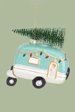 Kerstbal Mint Green Camper With Tree