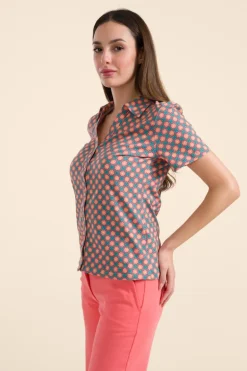 Lena Blouse Short Sleeve Vintage Coral Flower - LaLamour