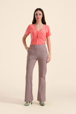 Lieke Flared Pants Vintage Coral Flower - LaLamour