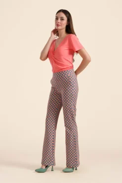 Lieke Flared Pants Vintage Coral Flower - LaLamour