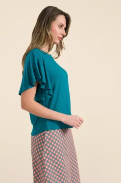 Sophie Top Short Butterfly Sleeve Rib Petrol Blue - LaLamour