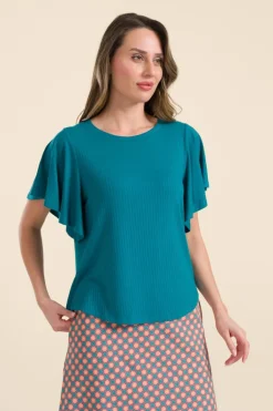 Sophie Top Short Butterfly Sleeve Rib Petrol Blue - LaLamour