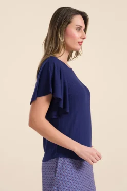 Sophie Top Short Butterfly Sleeve Rib Navy - LaLamour
