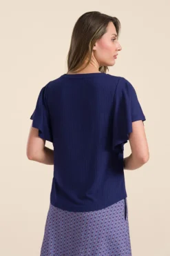Sophie Top Short Butterfly Sleeve Rib Navy - LaLamour