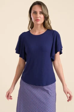 Sophie Top Short Butterfly Sleeve Rib Navy - LaLamour