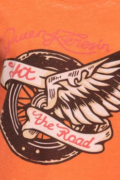 T-shirt Sleeveless Enzymewash Hit The Road Wheel Orange - Queen Kerosin